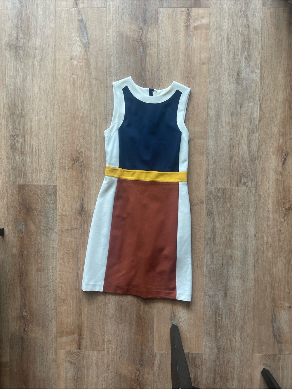 Tory Burch Navy, Rust, White & Yellow Trim Colorblock Sleeveless Dress